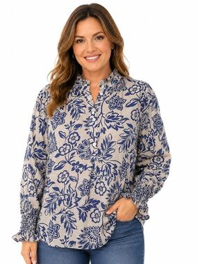 Fate Popover Floral Print Blouse Ruffle Neck Feminine Lightweight Sz L